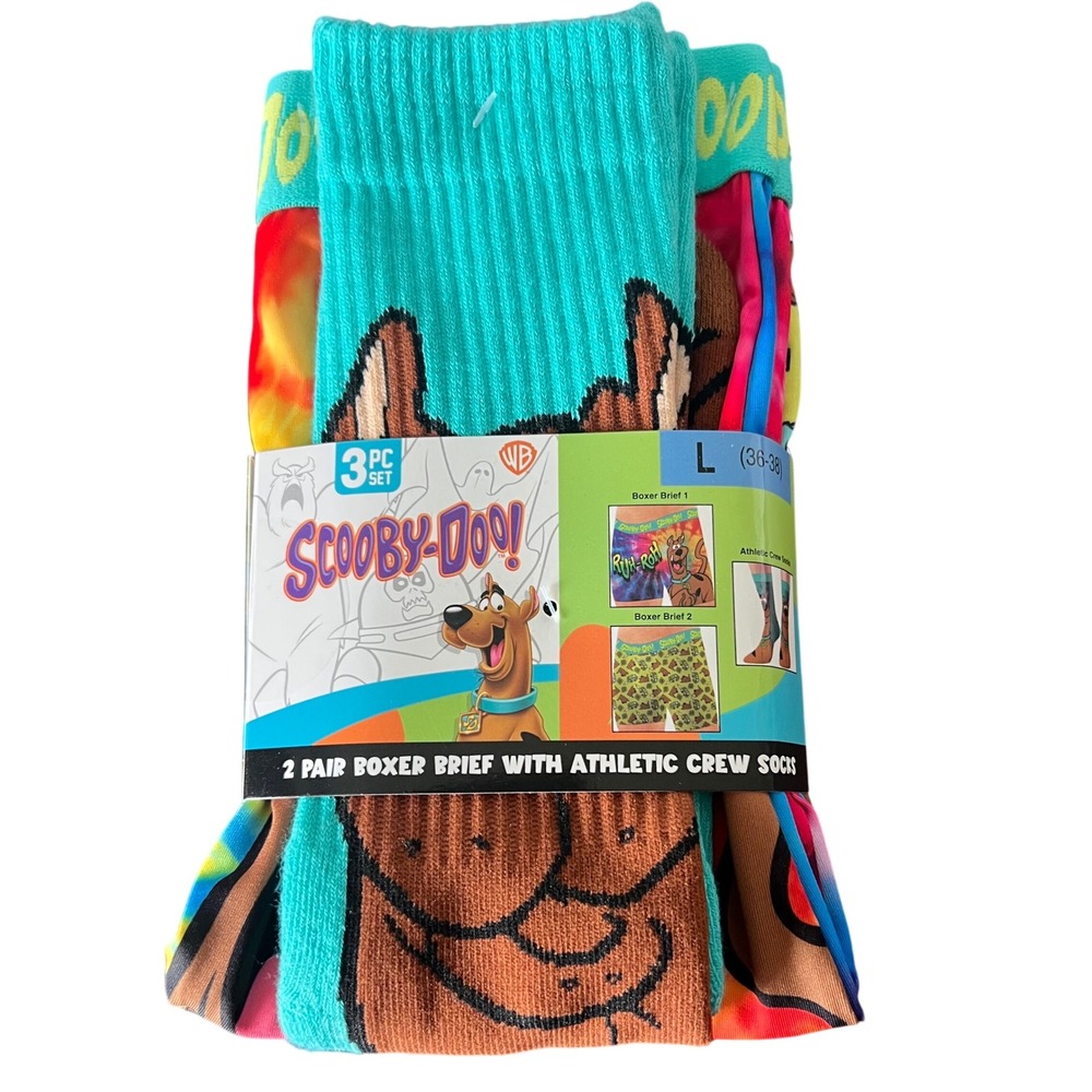 Scooby-Doo Mens 3 Piece Set 2 Pair Boxer Briefs 1 Pair Athletic Crew Socks Large